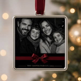 Elegant Burgundy Satin Bow Custom Family Photo Metal Tree Decoration