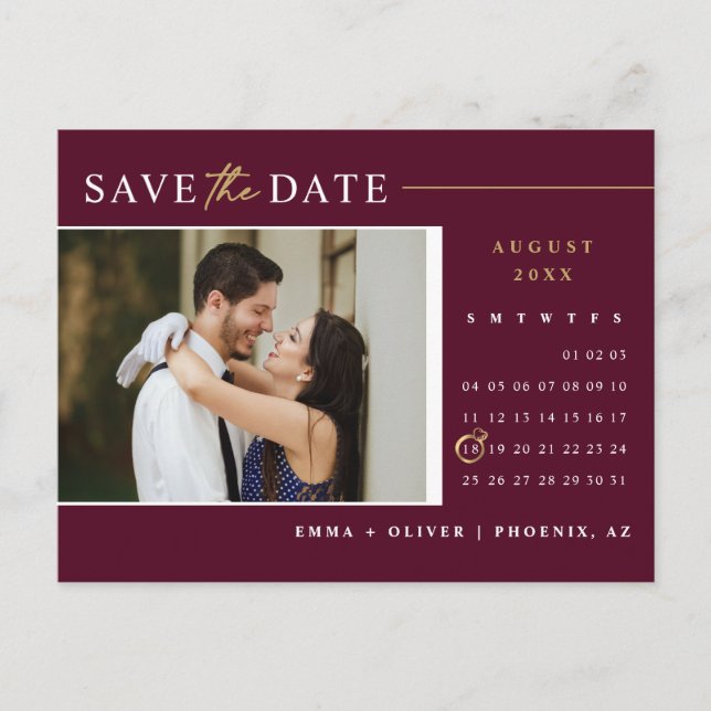 Elegant Burgundy Save the Date Calendar QR Code Postcard (Front)
