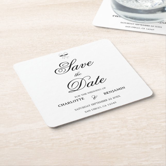 Elegant Burgundy Script Cream Ivory Bow Wedding Square Paper Coaster (Angled)