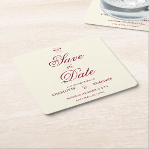 Elegant Burgundy Script Cream Ivory Bow Wedding Square Paper Coaster