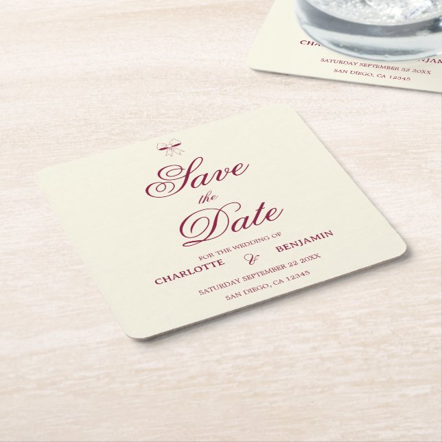 Elegant Burgundy Script Cream Ivory Bow Wedding Square Paper Coaster (Angled)