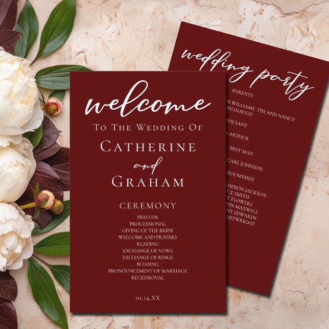 Elegant Burgundy Script Evening Wedding Program (Creator Uploaded)