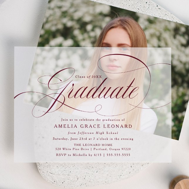 Elegant Burgundy Script Graduation Party Vellum Invitations (Creator Uploaded)