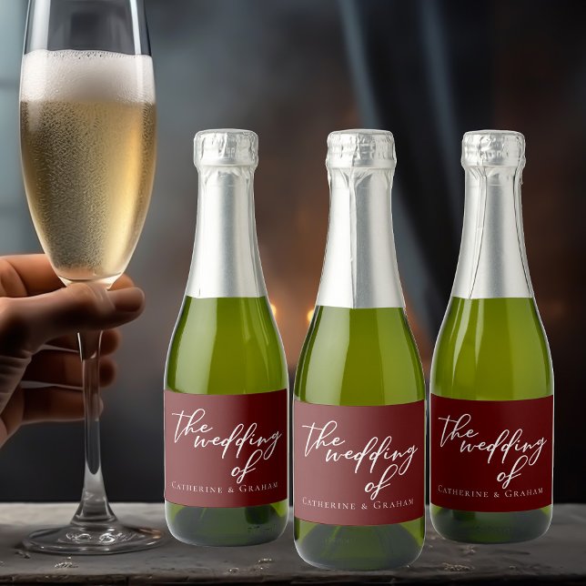 Elegant Burgundy Script Personalised Wedding Mini Sparkling Wine Label (Creator Uploaded)