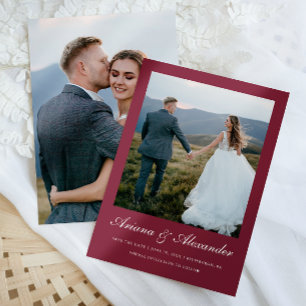 Elegant Burgundy Script Two Photo Wedding Save The Date