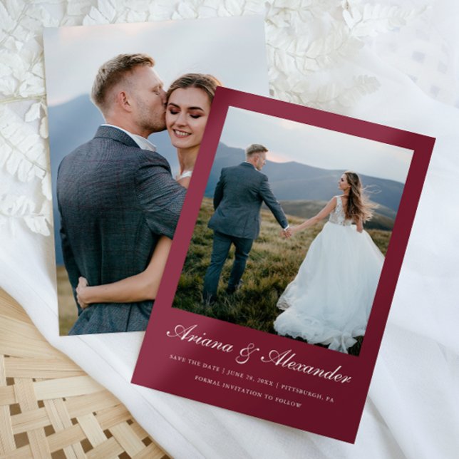 Elegant Burgundy Script Two Photo Wedding Save The Date (Creator Uploaded)