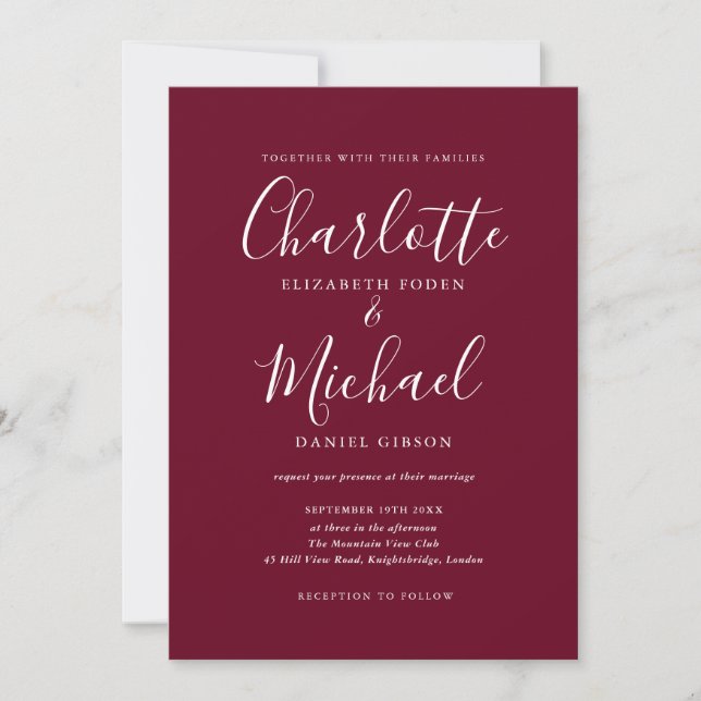 Elegant Burgundy Signature Script Wedding Invitation (Front)