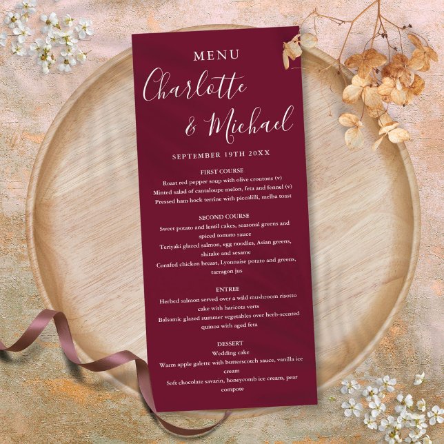 Elegant Burgundy Signature Script Wedding Menu (Elegant Burgundy Signature Script Wedding Menu)