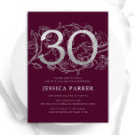 Elegant Burgundy Silver 30th Birthday Invitation<br><div class="desc">Elegant burgundy silver 30th birthday party invitation. Customisable modern feminine design featuring roses botanical accents and faux glitter silver. Simple floral invite card perfect for a stylish female bday celebration. Personalise with your own details. Printed Zazzle invitations or instant download digital printable template.</div>