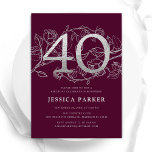 Elegant Burgundy Silver 40th Birthday Invitation<br><div class="desc">Elegant burgundy silver 40th birthday party invitation. Customisable modern feminine design featuring roses botanical accents and faux glitter silver. Simple floral invite card perfect for a stylish female bday celebration. Personalise with your own details. Printed Zazzle invitations or instant download digital printable template.</div>