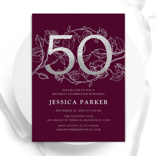 Elegant Burgundy Silver 50th Birthday Invitation (Creator Uploaded)