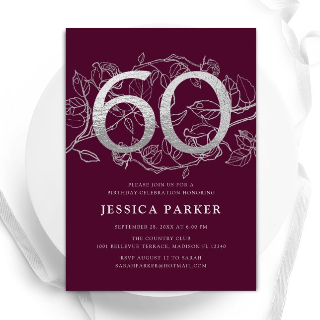 Elegant Burgundy Silver 60th Birthday Invitation (Creator Uploaded)