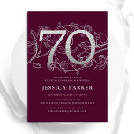 Elegant Burgundy Silver 70th Birthday Invitation<br><div class="desc">Elegant burgundy silver 70th birthday party invitation. Customisable modern feminine design featuring roses botanical accents and faux glitter silver. Simple floral invite card perfect for a stylish female bday celebration. Personalise with your own details. Printed Zazzle invitations or instant download digital printable template.</div>