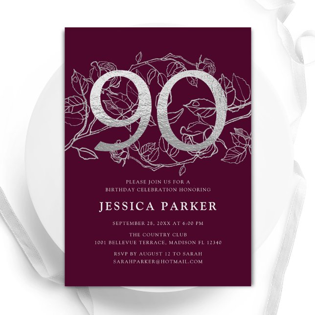Elegant Burgundy Silver 90th Birthday Invitation (Creator Uploaded)