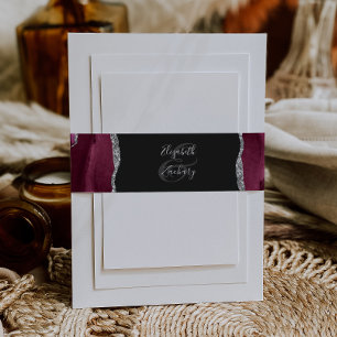 Elegant Burgundy Silver Agate Dark Wedding Invitation Belly Band