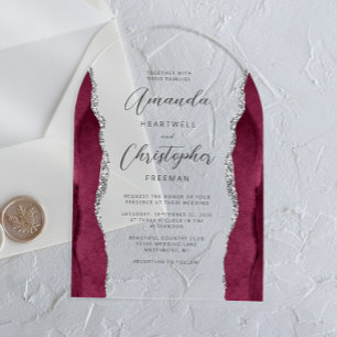 Elegant Burgundy Silver Agate Script Arch Wedding Acrylic Invitations