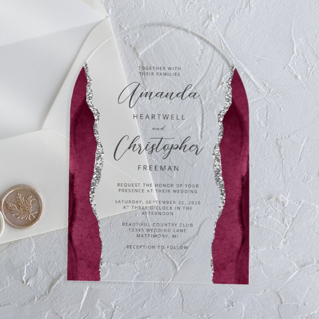 Elegant Burgundy Silver Agate Script Arch Wedding Acrylic Invitations (Creator Uploaded)