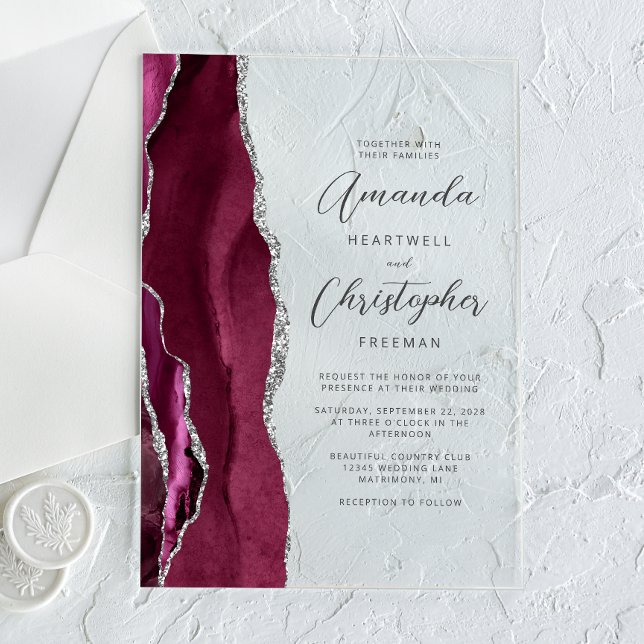 Elegant Burgundy Silver Agate Script Wedding Acrylic Invitations (Creator Uploaded)