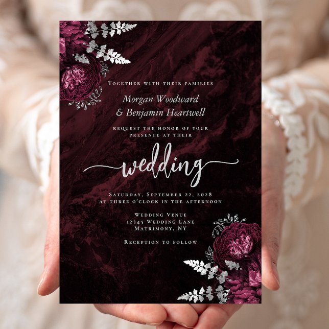 Elegant Burgundy Silver Floral Wedding Invitation (Creator Uploaded)