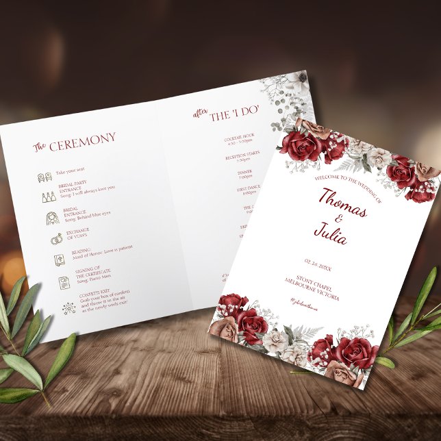 Elegant Burgundy & Silver Flowers Folded Programme (Elegant Burgundy & Silver Flowers Folded Program)