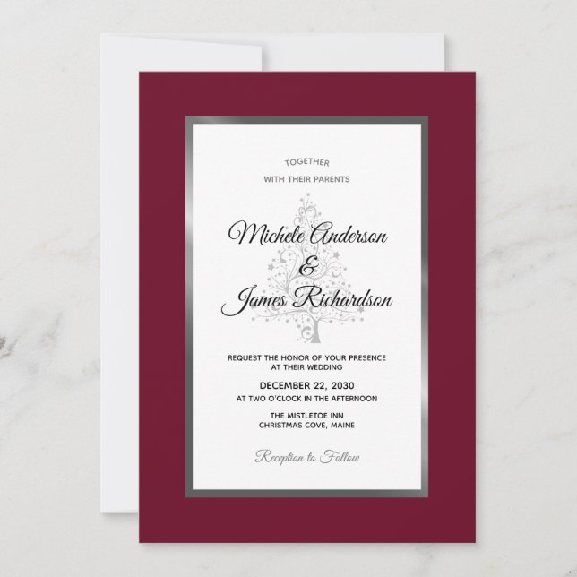 Elegant Burgundy Silver Holiday Winter Wedding Invitation (Front)