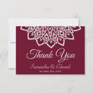Elegant Burgundy Silver Mandala Wedding Thank You Card