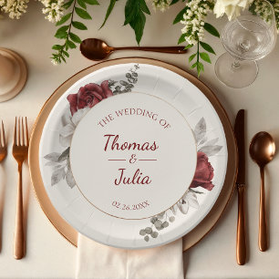Elegant Burgundy & Silver Watercolor Wedding Paper Plate