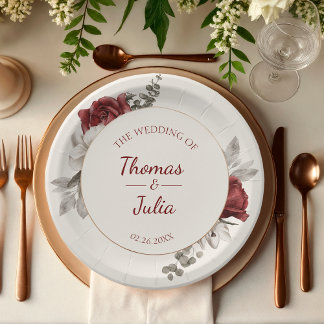 Elegant Burgundy & Silver Watercolor Wedding Paper Plate