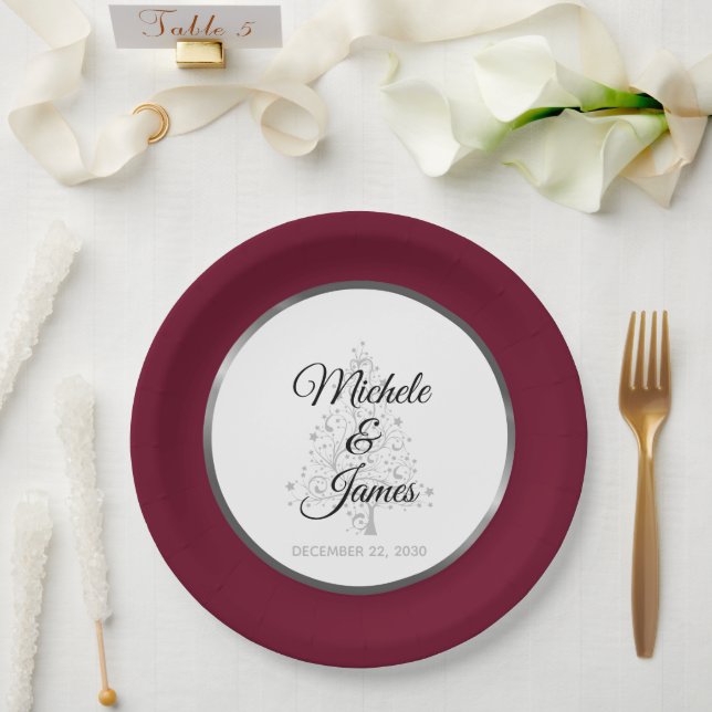 Elegant Burgundy Silver Winter Holiday Wedding Paper Plate (Wedding)