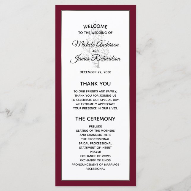 Elegant Burgundy Silver Winter Holiday Wedding Programme (Front)