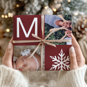 Elegant Burgundy Snowflake Photo Collage Christmas Wrapping Paper