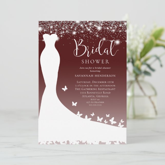Elegant Burgundy String Lights Bridal Shower Invit Invitation (Standing Front)