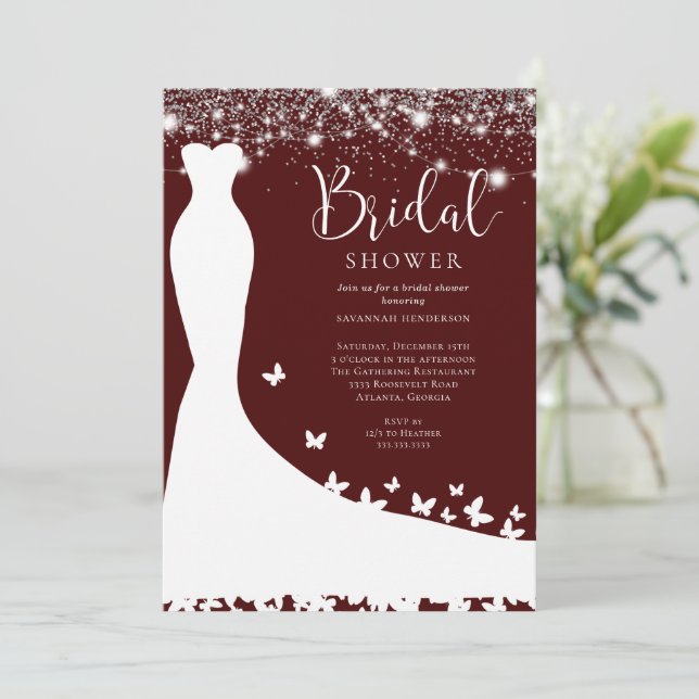 Elegant Burgundy String Lights Bridal Shower Invit Invitation (Standing Front)