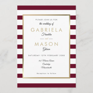 Elegant Burgundy Stripe Wedding   Faux Gold Foil Invitation