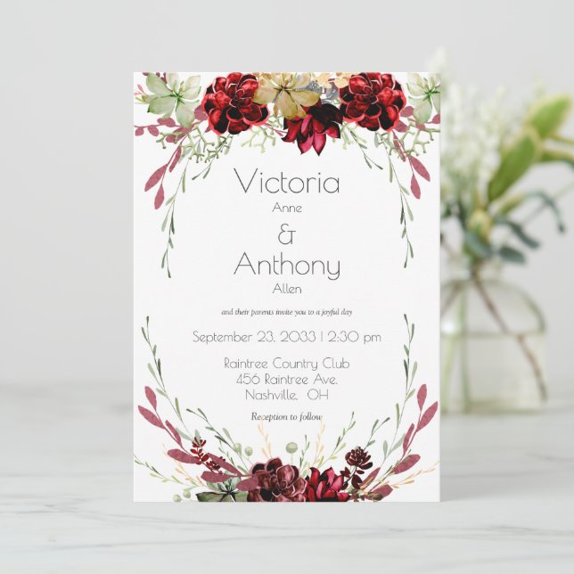 Elegant Burgundy Succulents Vines Greenery Wedding Invitation (Standing Front)