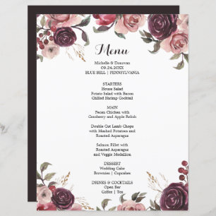 Elegant Burgundy Summer Floral Dinner Menu Card