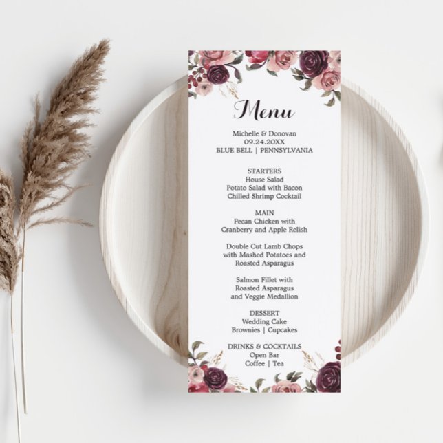 Elegant Burgundy Summer Floral Dinner Menu Card (Creator Uploaded)