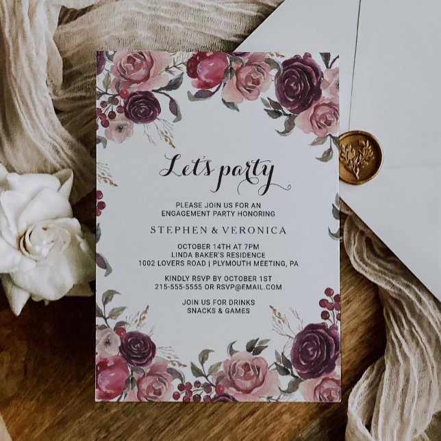 Elegant Burgundy Summer Floral Let's Party Invitation (Creator Uploaded)