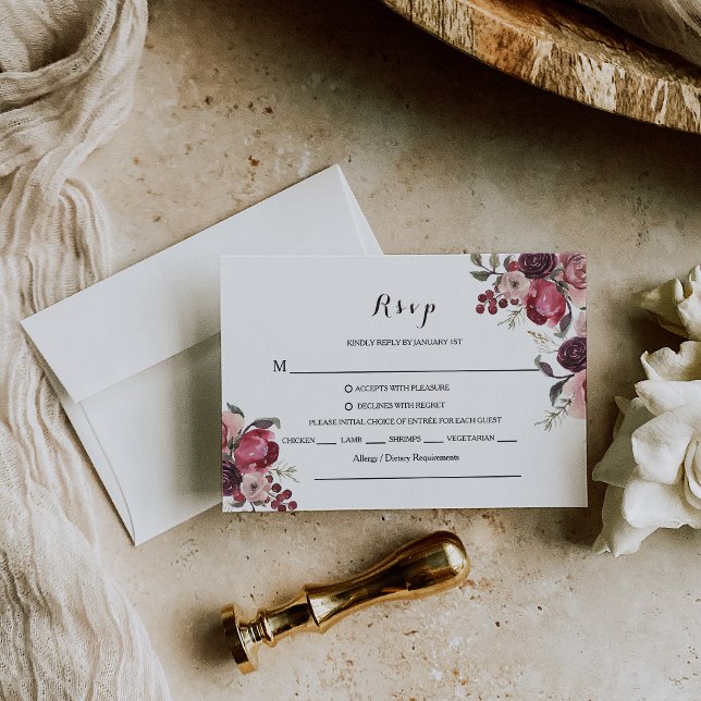 Elegant Burgundy Summer Floral Rsvp Menu Choice (Creator Uploaded)