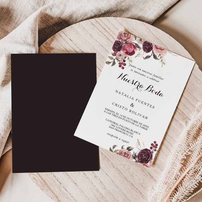 Elegant Burgundy Summer Floral Spanish Wedding Invitation (Creator Uploaded)