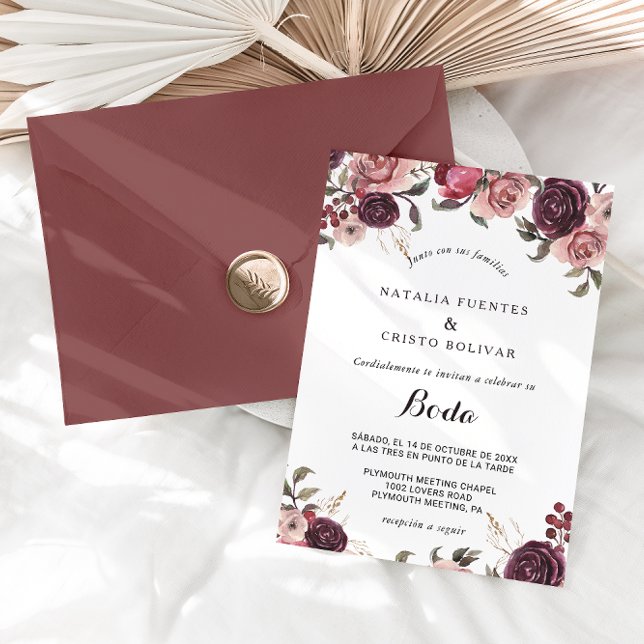 Elegant Burgundy Summer Floral Spanish Wedding Invitation (Creator Uploaded)