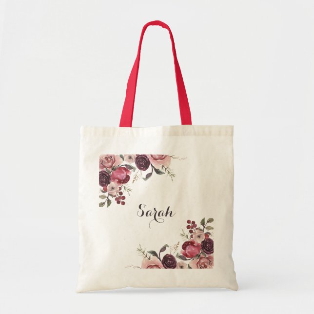 Elegant Burgundy Summer Floral Wedding Tote Bag (Front)