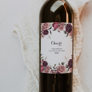 Elegant Burgundy Summer Floral Wedding Wine Labels