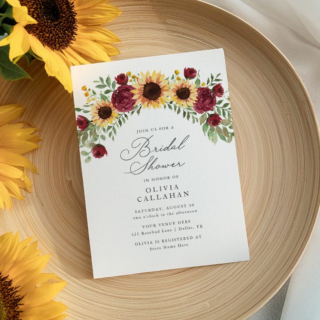 Elegant Burgundy Sunflower Floral Bridal Shower Invitation (Creator Uploaded)