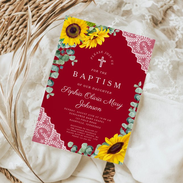 Elegant Burgundy Sunflowers Girl Baptism Invitation (Elegant Floral Cross Burgundy Girl Baptism Invitation)