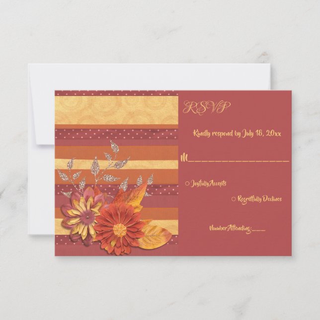Elegant Burgundy Texture Glitter Floral Wedding RSVP Card (Front)