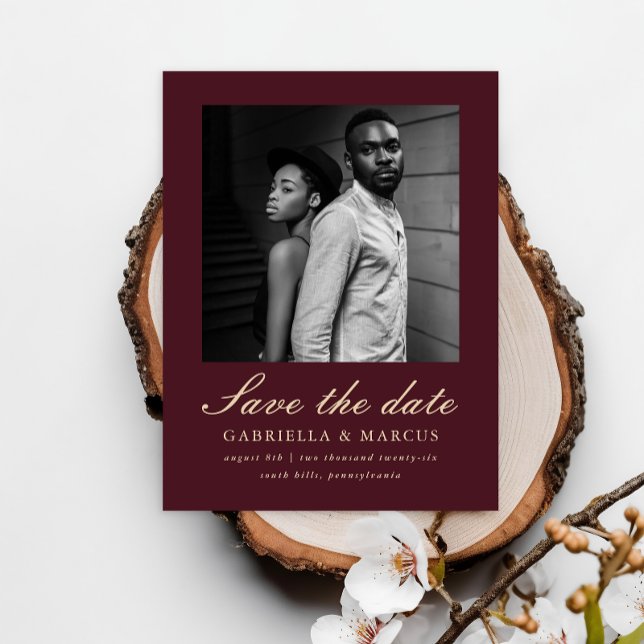 Elegant Burgundy Two Photo Wedding Save the Date Postcard (Creator Uploaded)
