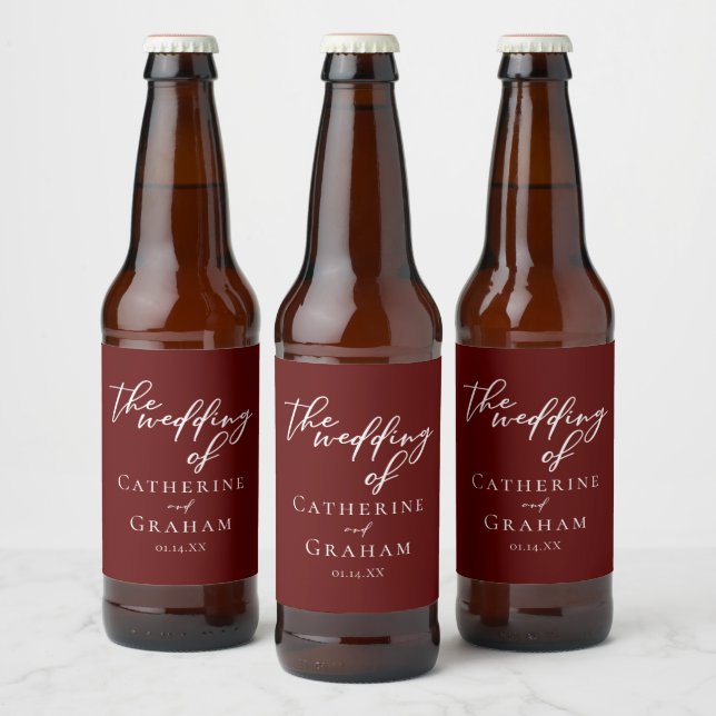 Elegant Burgundy Typography Evening Wedding Beer Bottle Label (Bottles)