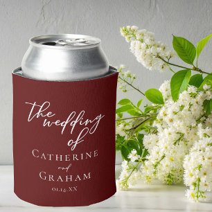 Elegant Burgundy Typography Evening Wedding Can Cooler