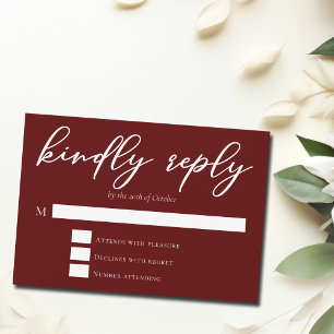 Elegant Burgundy Typography Evening Wedding RSVP Card